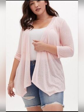 Torrid  Slub 3/4 Sleeve Lace Back Sweater Pink Open Front
